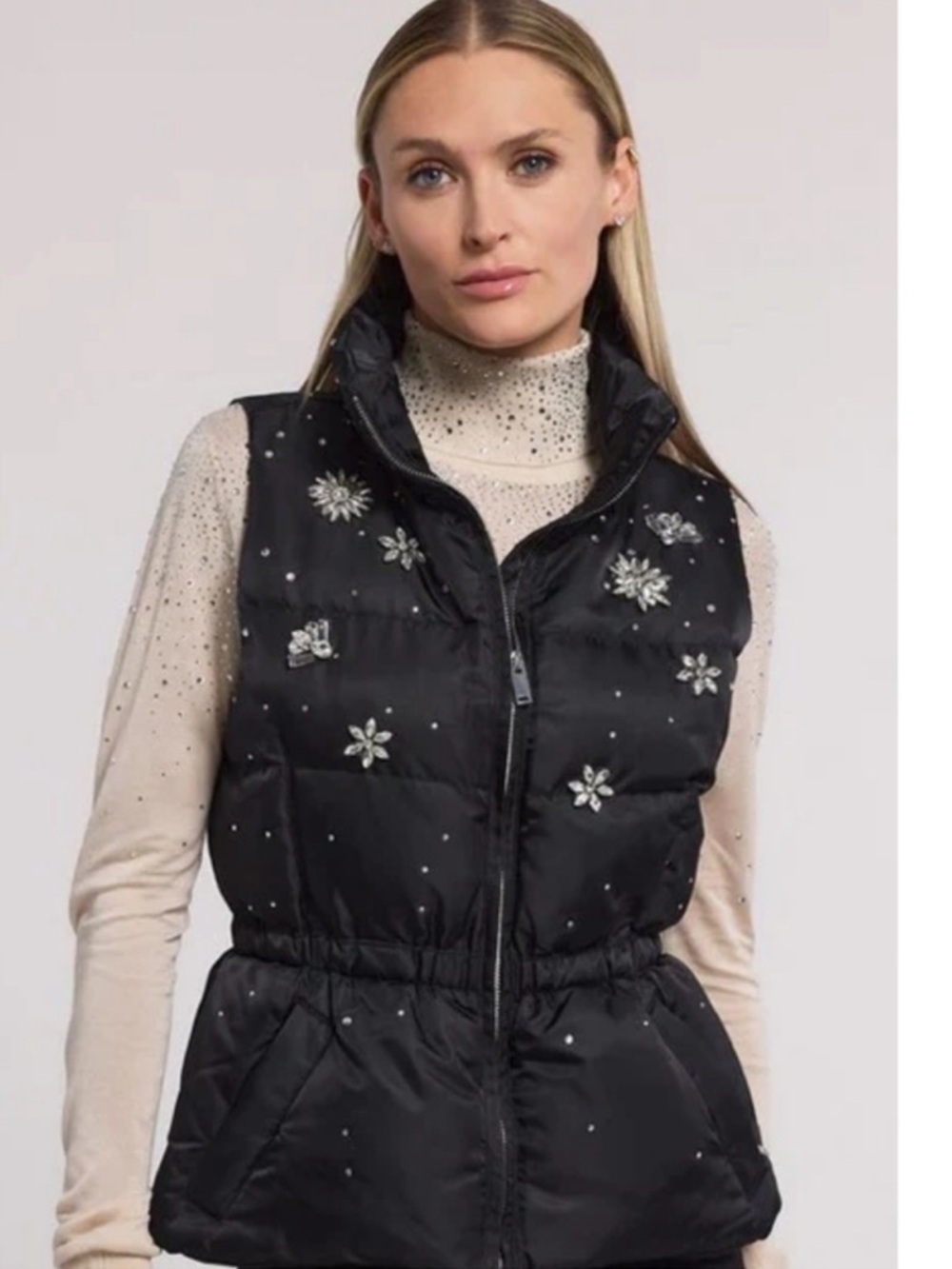 Generation Love Black Quilted Puffer Vest with Jeweled Floral Accents